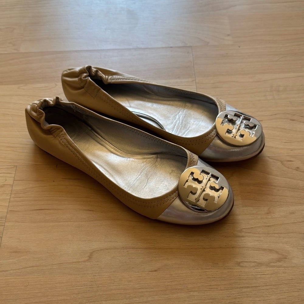Tory Burch Gold and Silver Flats with Iconic Logo